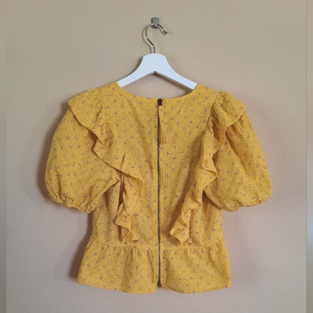 Cotton Eyelet Puff Sleeve Yellow Ruffle Blouse Cottage Cottagecore Feminine - Picture 6 of 7